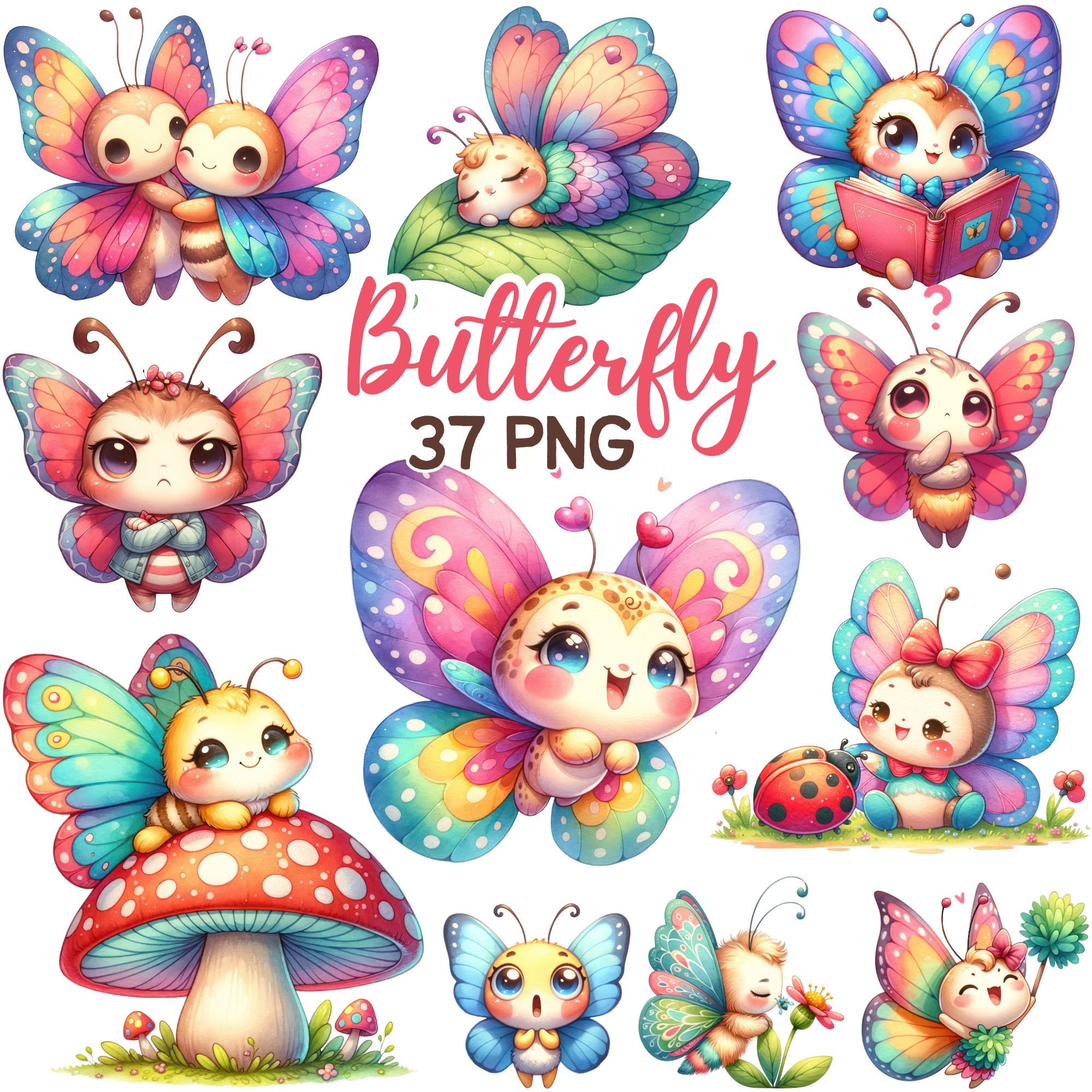 Watercolor Cute Butterfly Clipart, Spring Summer Bug Nursery Sublimation, Kawaii Butterflies Lover Birthday Baby Shower Bundle Png