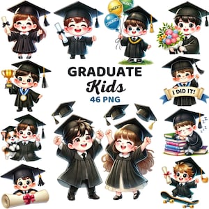 Afgestudeerde kinderen clipart, aquarel kleuterschool kleuterschool afstuderen jongen meisje, academische kinderen, student diploma afstuderen viering png