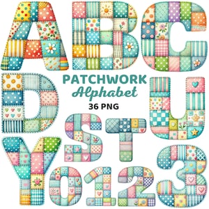 Könnte beinhalten: Ein farbenfrohes Patchwork-Alphabet und -Zahlen-Set. Jeder Buchstabe und jede Zahl besteht aus verschiedenen Stoffquadraten in Pastellfarben mit dekorativen Nähten. Das Bild enthält den Text "PATCHWORK Alphabet" und "36 PNG".