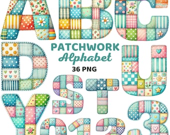 Patchwork AlphabetClipart, Bunt Gesteppte Buchstaben Zahlen Baby Shower, Nähen Quilten Kinder Kinderzimmer Dekor, Stoff Textur Schriftzug Png