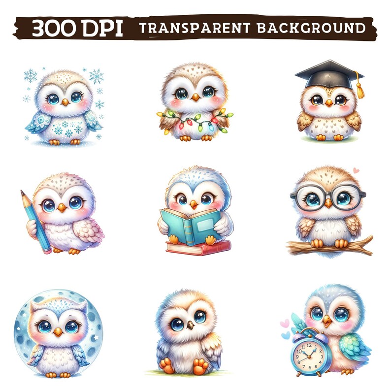 May include: A collection of nine adorable cartoon owls with large blue eyes. Each owl has a unique design, including one with a graduation cap, one with glasses, and one holding a pencil. The image includes the text "300 DPI TRANSPARENT BACKGROUND".