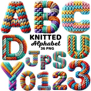 Knitted Alphabet Clipart, Cozy Yarn Letters & Numbers, Colorful Knitted Letters, Winter Craft, DIY Knitting Alphabet Png