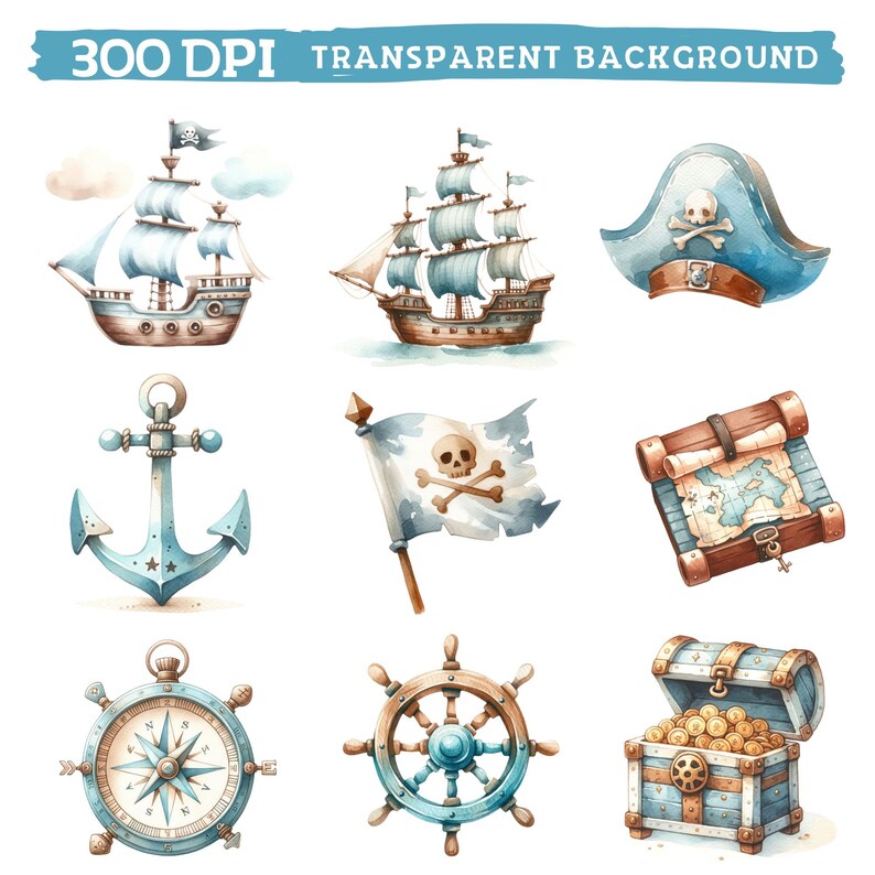 May include: A set of nine watercolor illustrations of pirate themed items, including a ship, an anchor, a compass, a treasure chest, a pirate hat, a flag, and a ship's wheel.