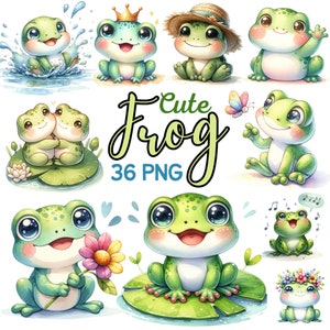 Puede incluir: Un conjunto de 36 ilustraciones digitales de ranas de dibujos animados lindas en varias poses. Las ranas son verdes con ojos grandes y se representan en diferentes entornos, incluyendo nenúfares, en el agua y con flores. El texto "Cute Frog 36 PNG" está incluido en la imagen.