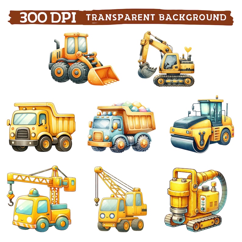 May include: Set of nine cartoon illustrations of construction vehicles, including a yellow excavator, a yellow bulldozer, a yellow dump truck, a blue dump truck, a yellow road roller, a yellow crane, a yellow backhoe, and a yellow jackhammer.  300 DPI TRANSPARENT BACKGROUND.