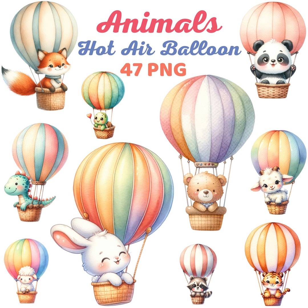 Whimsical Animals Hot Air Balloon Clipart, Watercolor Sky Adventure ...