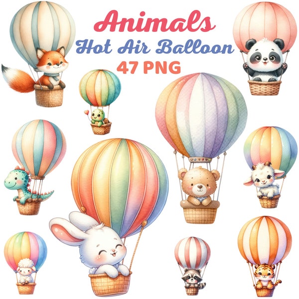 Whimsical Animals Hot Air Balloon Clipart, Watercolor Sky Adventure Cute Animal Balloon Nursery, Unicorn Fox Safari Woodland Kids Png