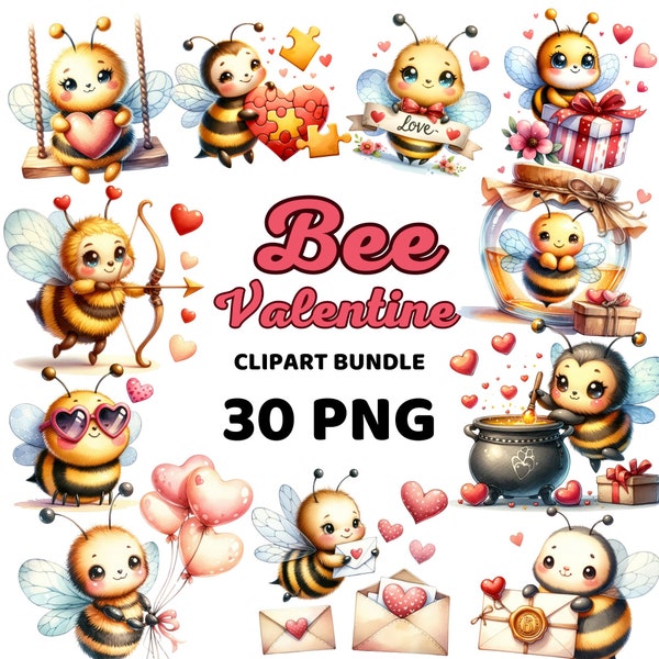 Watercolor Bees Valentine Clipart Png, Bees Valentine, Love Bee Clipart, Cute Valentine, Bee Nursery Sublimation, Bee My Valentine Clipart