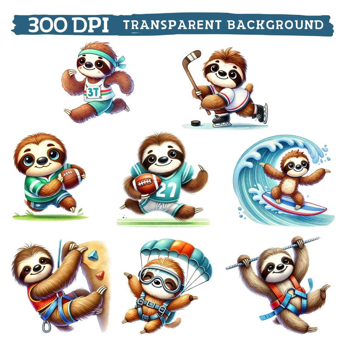 Sport Sloth Clipart, Watercolor Cute Athletic Nursery Decor, Funny ...