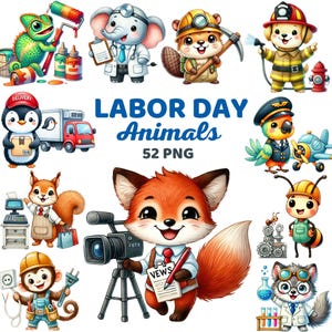 Puede incluir: Un conjunto de 52 imágenes digitales de clipart que presentan animales de dibujos animados lindos vestidos con varios atuendos con temática de trabajo. Los animales incluyen un camaleón, un elefante, un castor, un perro, un loro, un zorro, una ardilla, una abeja y un mono. El texto "Labor Day Animals 52 PNG" se muestra en el centro de la imagen.