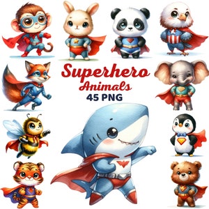 Lindo superhéroe animales Clipart, acuarela bebé animal vivero, fantasía, estilo cómico, Safari Woodland superhéroe cumpleaños niños Png