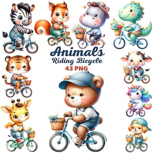 Animals Riding Bicycle Clipart, Watercolor Cute Spring Activity Nursery, Cycling Bear Bunny Woodland Jungle Animal, Kids Summer Bundle Png