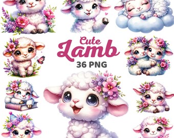 Lindo cordero clipart, oveja floral de acuarela para Pascua y guardería de primavera, cumpleaños de cordero, paquete de baby shower de animales PNG