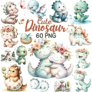 Acuarela lindos dinosaurios clipart, sublimación de vivero de dinosaurios T-rex, niña niño niños Dino pterodáctilo fiesta de cumpleaños bebé ducha paquete Png