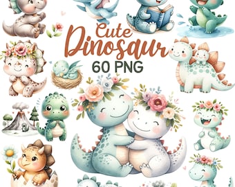 Watercolor Cute Dinosaurs Clipart, T-rex Dinosaur Nursery Sublimation, Girl Boy Kids Dino Pterodactyl Birthday Party Baby Shower Bundle Png