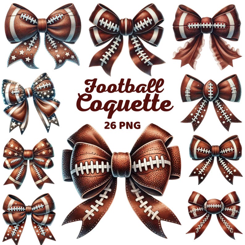 May include: A set of 26 digital images of football-themed bows. The bows are in various colors and designs, including brown, white, and red. The bows are perfect for adding a touch of football spirit to your crafts and projects.
