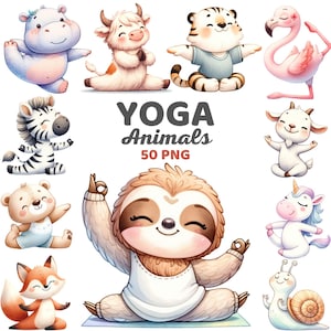 May include: A set of 10 cute animal illustrations in various yoga poses. The animals include a zebra, a hippopotamus, a cow, a tiger, a flamingo, a goat, a sloth, a unicorn, a fox, and a snail. The illustrations are in a cartoon style and are perfect for use in children's books, educational materials, or as clipart.