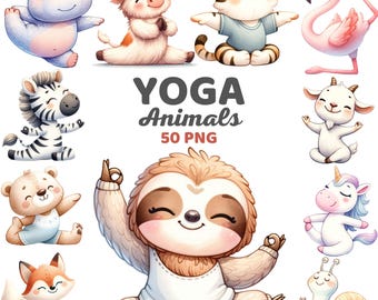 Yoga Animals Clipart, Watercolor Cute Animal Yoga Poses Nursery, Woodland Jungle Animal Mindfulness, Wellness Kids Bundle Png