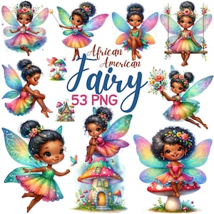 水彩画のかわいいアフリカ系アメリカ人の妖精のクリップアート、魔法の妖精の庭の家保育園、キノコの森の妖精のおとぎ話の小さなメラニンPNG