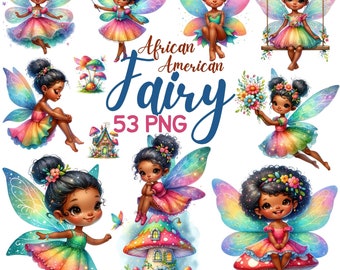 Watercolor Cute African American Fairy Clipart, Magical Fairy Garden House Nursery, Mushroom Forest Fairies Fairytale Little Melanin Png