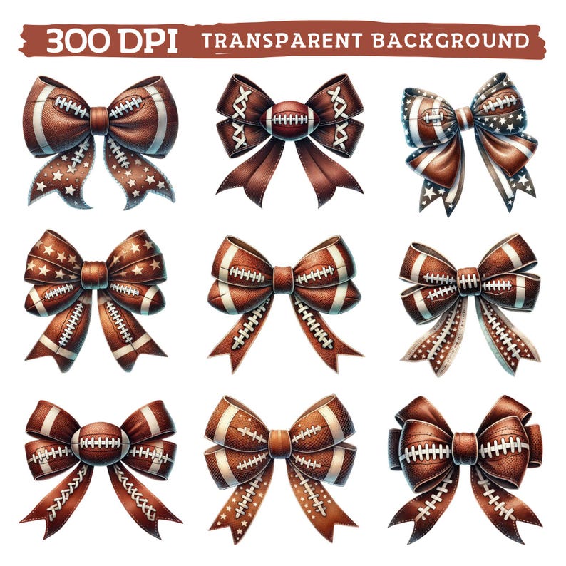 May include: Nine different brown and white football-themed bows with various patterns. The bows are all tied with a ribbon and have a football in the center.