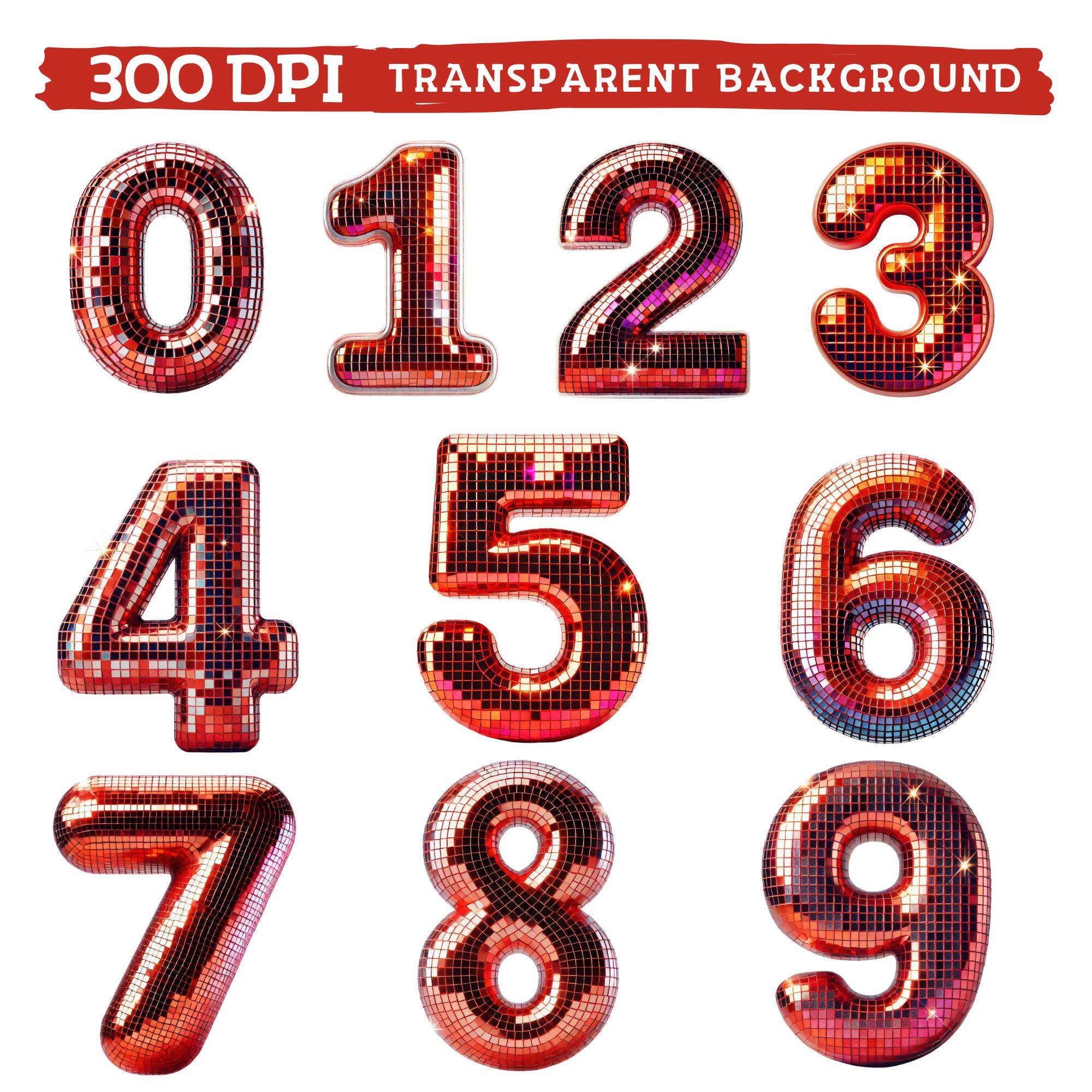 Retro Disco Alphabet Clipart, Red Shiny Mirror Ball Letters & Numbers ...
