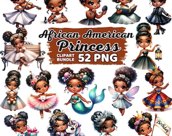 Watercolor Cute African American Princess Clipart, Black Princess Party Nursery Sublimation, Fairytale Fairy Little Melanin Bundle Png