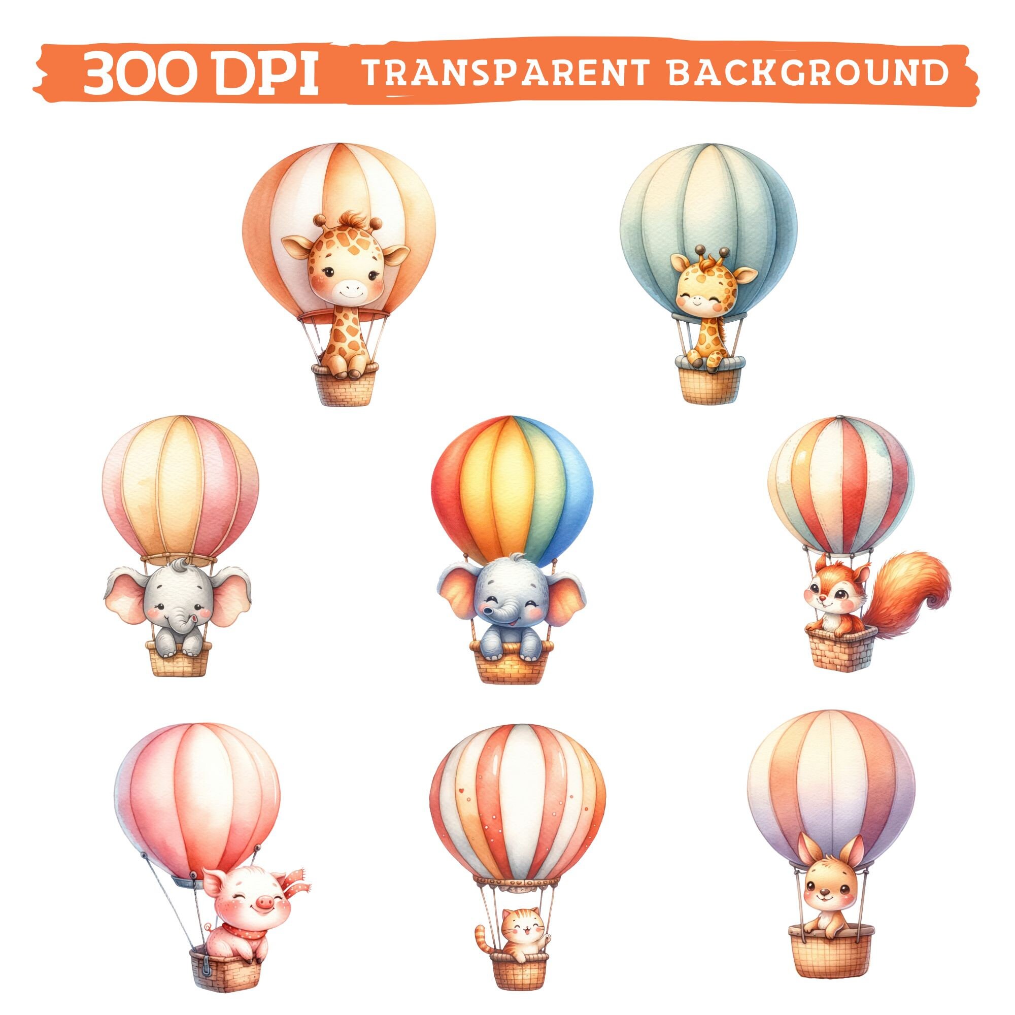 Whimsical Animals Hot Air Balloon Clipart, Watercolor Sky Adventure ...
