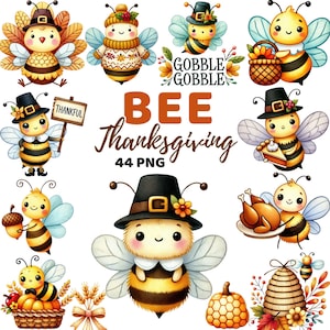 Thanksgiving Bee Clipart, Watercolor Cute Pilgrim Bee, Fall Harvest Honeybee, Bee Turkey Pilgrim Hats, Autumn Pumpkin Decor Png
