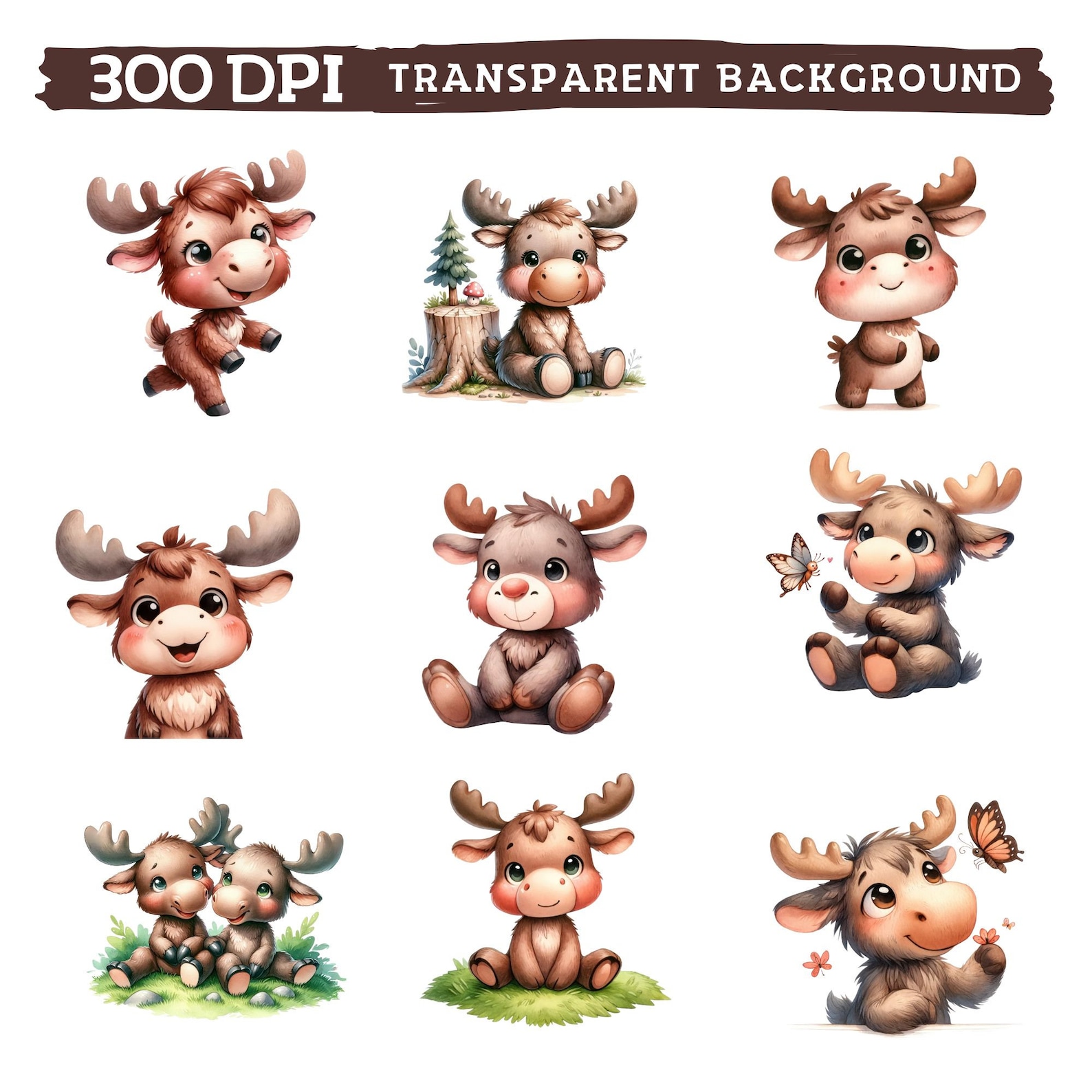 Adorable Moose Clipart, Watercolor Cute Baby Moose Nursery, Woodland ...