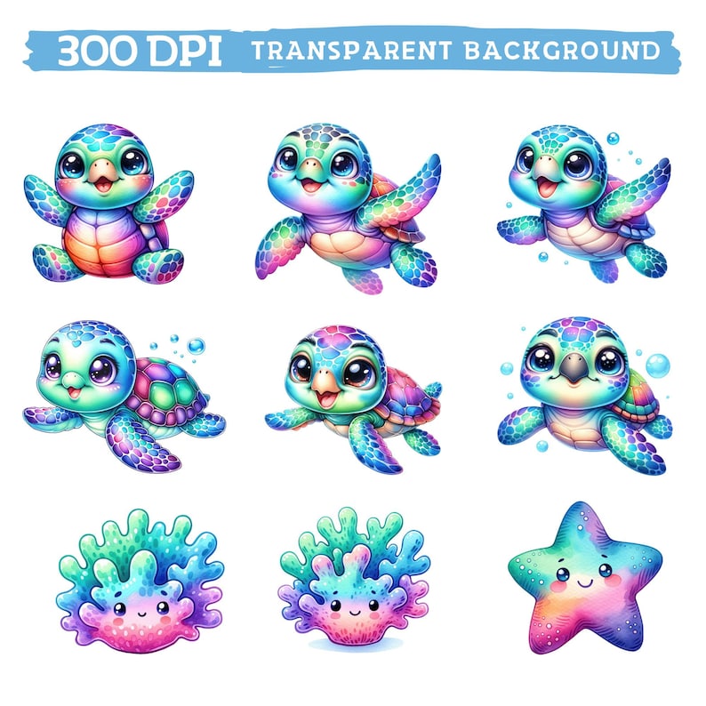 May include: Set of nine colorful cartoon illustrations featuring sea creatures. The set includes three different poses of a rainbow sea turtle, two coral reefs, and a rainbow starfish.