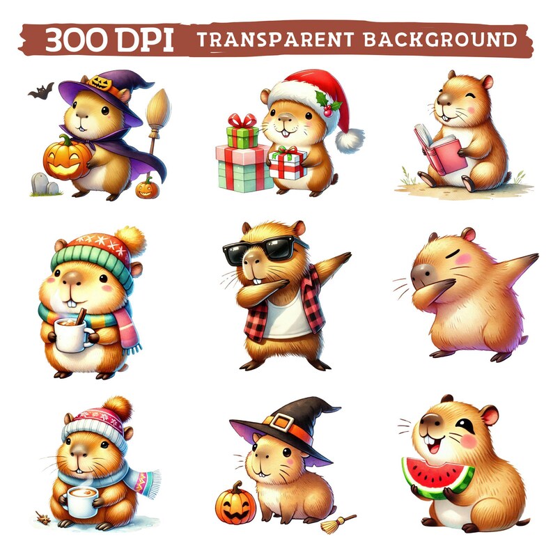 May include: Nine digital illustrations of cute capybaras in various costumes and settings. The capybaras are wearing a witch hat, Santa hat, sunglasses, a winter hat, a witch hat, and holding a book, a gift, a cup of coffee, a watermelon, and a pumpkin.