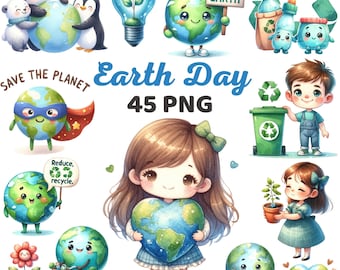 Watercolor Cute Earth Day Clipart, Planet natural, Eco Friendly Recycle, World Environment, Eco Conscious Heart Earth School Kids Png