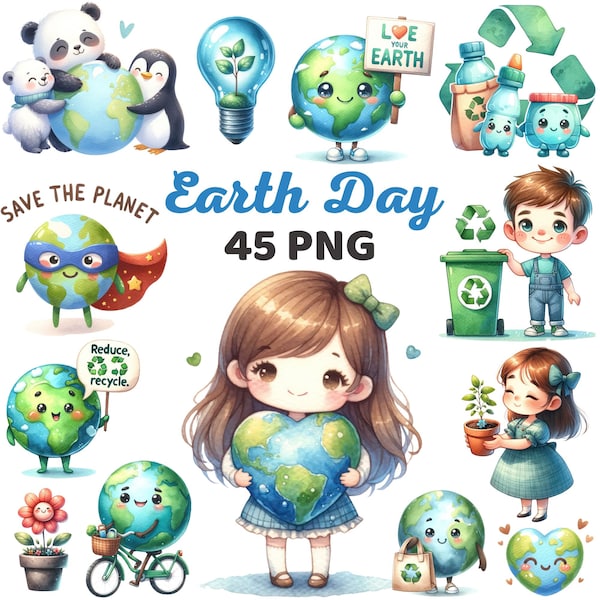 Watercolor Cute Earth Day Clipart, Planet natural, Eco Friendly Recycle, World Environment, Eco Conscious Heart Earth School Kids Png