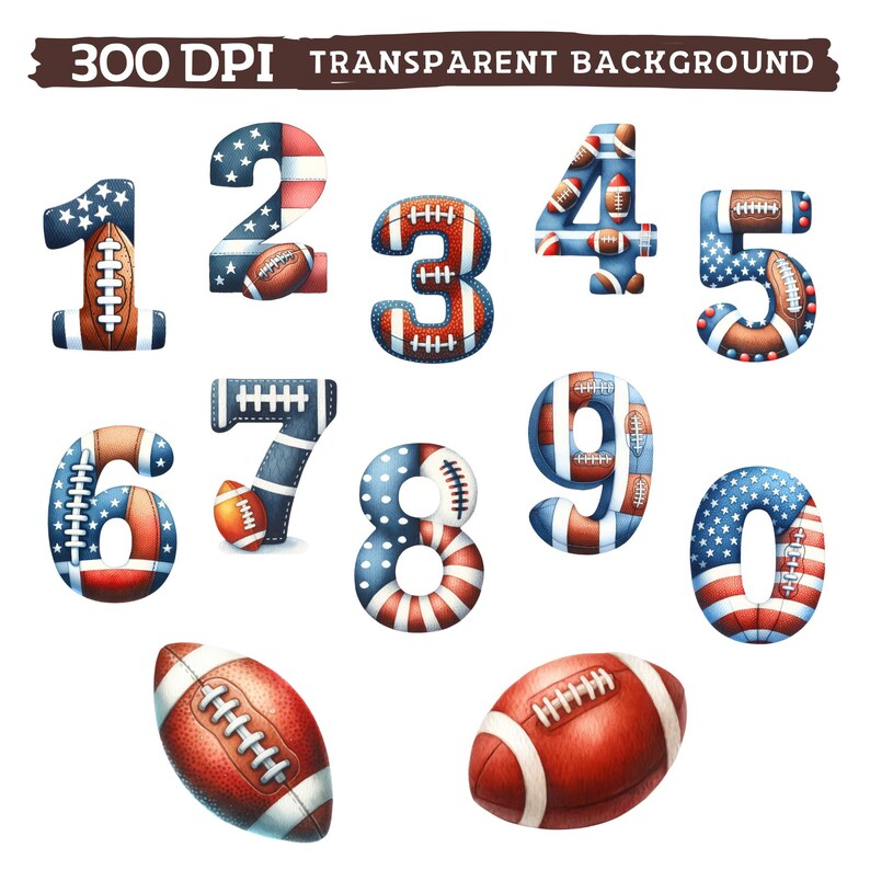 May include: A set of ten numbers, 0-9, designed to look like American footballs. Each number is decorated with a pattern of red, white, and blue, resembling the American flag. The numbers are isolated on a white background.
