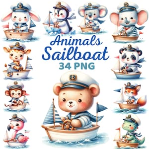 Acuarela lindo marinero animales velero clipart, marinero bebé animal vivero, océano barco náutico mar verano playa safari cumpleaños png