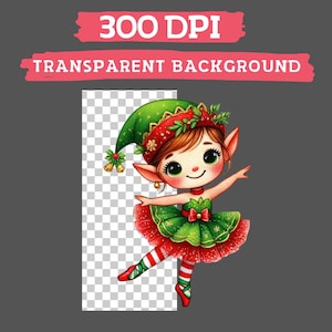 May include: A digital illustration of a Christmas elf with a green and red outfit. The elf has a green hat with a red band and a red and green dress. The text "300 DPI" and "TRANSPARENT BACKGROUND" are at the top.