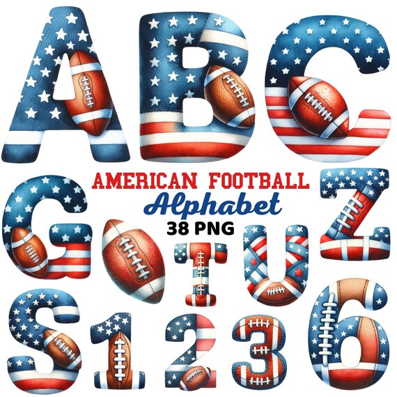 American Football Alphabet & Numbers Clipart, Watercolor Cute Touchdown, Patriotic American Football Letter, USA Sports Letters Png Bundle