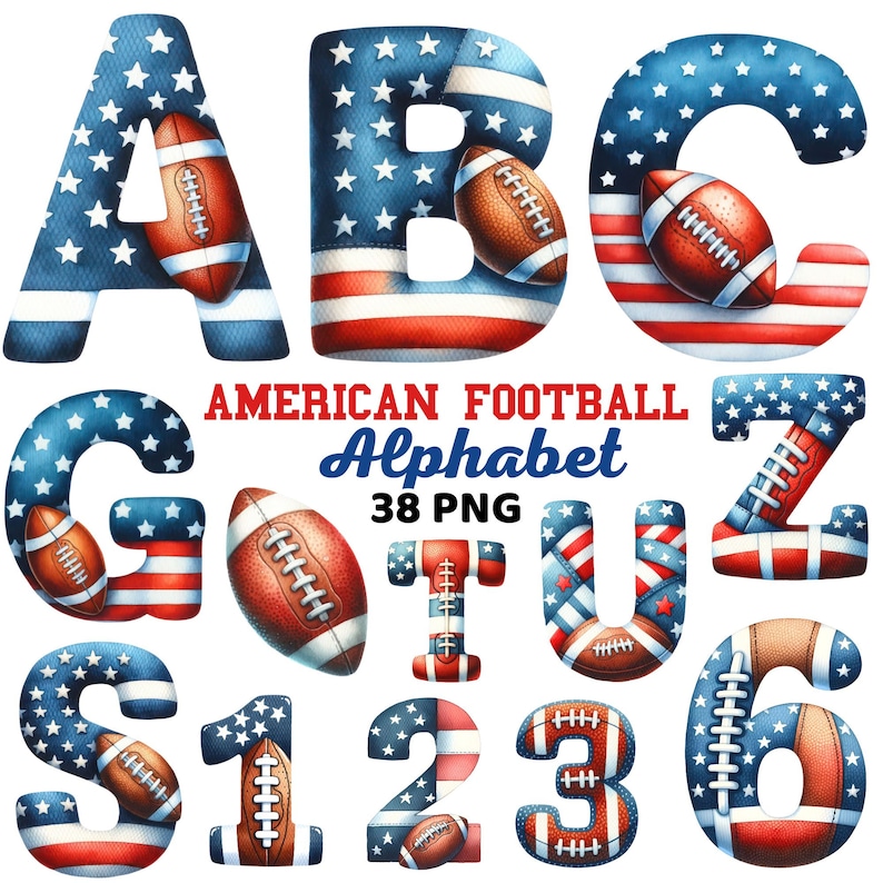 May include: American football alphabet clipart with red, white, and blue stars and stripes. The letters A, B, C, G, O, T, U, Z, S, 1, 2, 3, and 6 are shown with a football inside each letter.