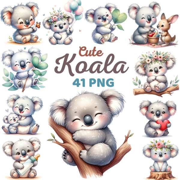 Watercolor Cute Koala Clipart, Animals Koala Kids Nursery, Koala Lover Eucalyptus Animal Birthday Baby Shower Png