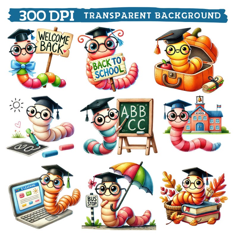 Schoolworm Back to School Worm Clipart, Watercolor Cute Classroom Nursery Decor ...