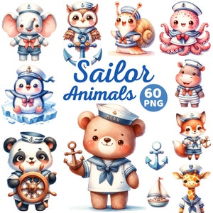 Akvarell söta sjömansdjur Clipart, sjömansbabydjursbarnrum, havsbåt nautisk havssommarstrandsafari födelsedagsbabyshower png