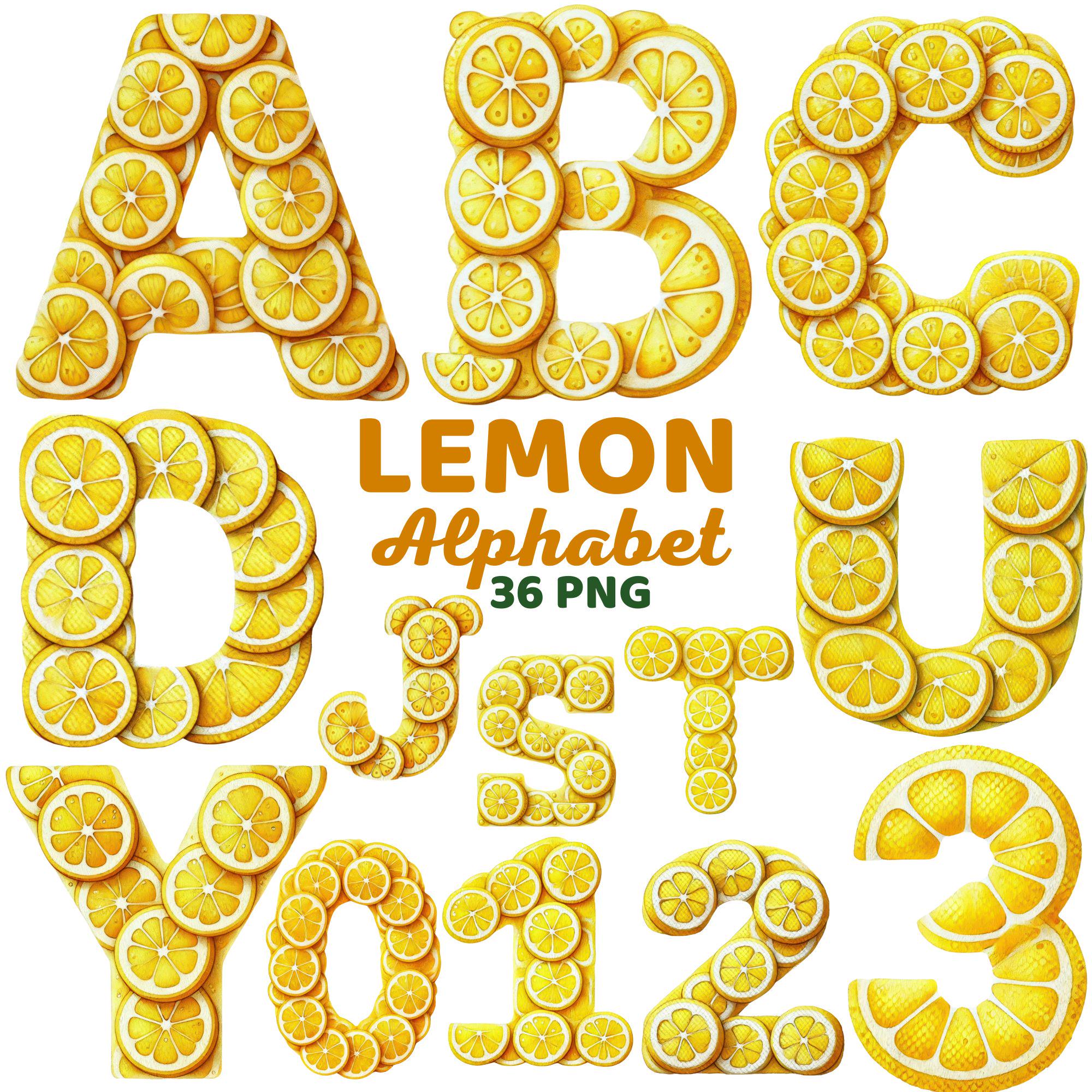 Lemon Slice Alphabet Clipart, Watercolor Citrus Letters & Numbers