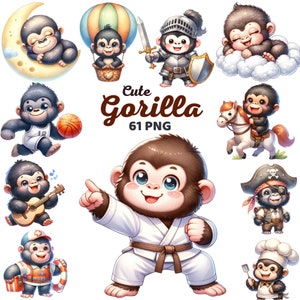 Cute Gorilla Clipart, Watercolor Adorable Gorilla Nursery, Gorilla Sleep on Moon, Jungle Animal, Kids Birthday Party Baby Shower Png
