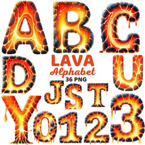 May include: A collection of alphabet letters and numbers with a lava-themed design. The letters and numbers are in shades of orange, yellow, and red, with a textured, molten appearance. The image includes the text "LAVA Alphabet 36 PNG".