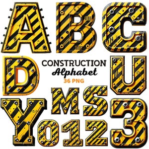 Puede incluir: Un conjunto de 36 letras y números del alfabeto de construcción en un patrón de rayas amarillas y negras con pernos negros. Las letras y los números son en estilo 3D y tienen un acabado metálico.
