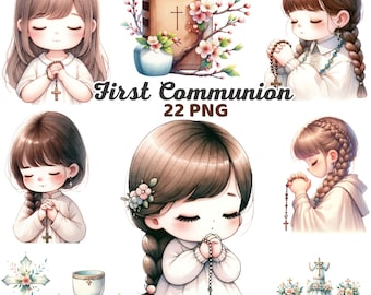 Cute First Communion Clipart, Girl Christian Clipart, Watercolor Girl Praying, Holy Communion Kids Prayer Religious Bundle Png