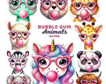 Bubble Gum Animals Clipart, Watercolor Cute Animals with Pink Heart Glasses Png