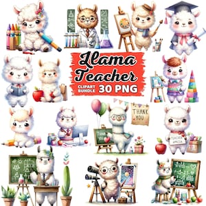 Clipart de maestra de llama linda en acuarela, sublimación de guardería para estudiantes y maestros, paquete de regreso a clases de alpaca PNG