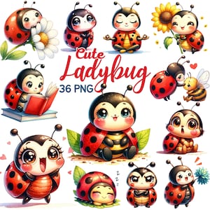 Watercolor Cute Ladybug Clipart, Spring Summer Bug Nursery Sublimation, Kawaii Ladybugs Lover Birthday Baby Shower Bundle Png